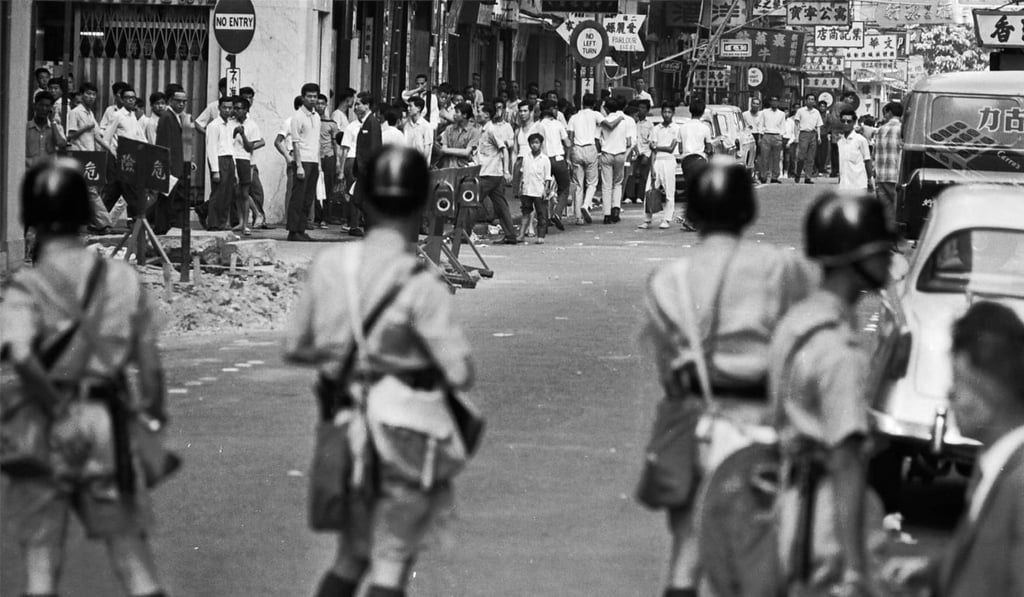 Riot police confront a crowd in Mong Kok during the Communist Party-orchestrated mayhem in Hong Kong in 1967. Picture: SCMP
