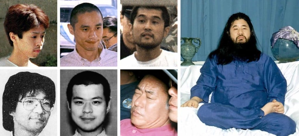 The Aum Shinrikyo cult members executed on Friday, (clockwise from top left) Yoshihiro Inoue, Tomomitsu Niimi, Masami Tsuchiya, Aum leader Shoko Asahara, Kiyohide Hayakawa, Tomomasa Nakagawa, and Seiichi Endo. Photos: AFP / Jiji Press / Yomiuri Shimbun