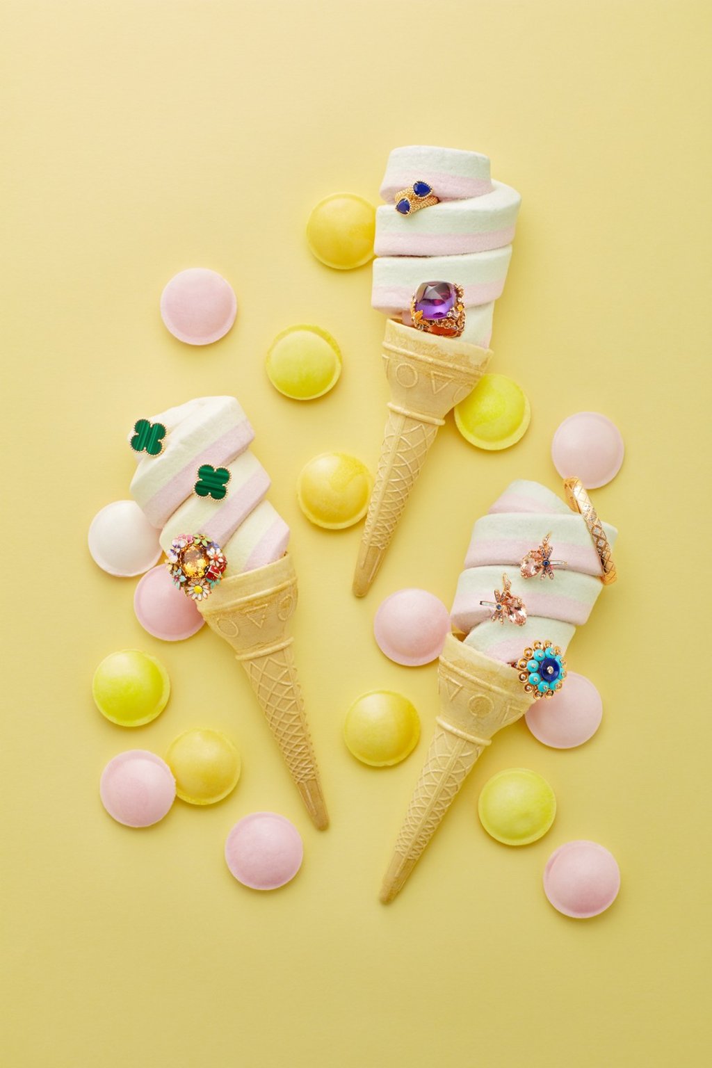 Van Cleef & Arpels, (left cone, top) Magic Alhambra earrings in yellow gold, malachite, HK$43,600, (right cone, bottom) Bouton d'Or ring in yellow gold, diamonds, lapis lazuli and turquoise; Dior Joiallerie, (left cone, bottom) Diorette ring in yellow gold, diamonds, citrine, amethyst, pink sapphire, tsavorite, lacquer. HK$106,000, (middle cone, bottom) Diorella ring in yellow gold, diamonds, amethyst, spessartite garnets, lacquer, price on request, (right cone, middle) Gourmande