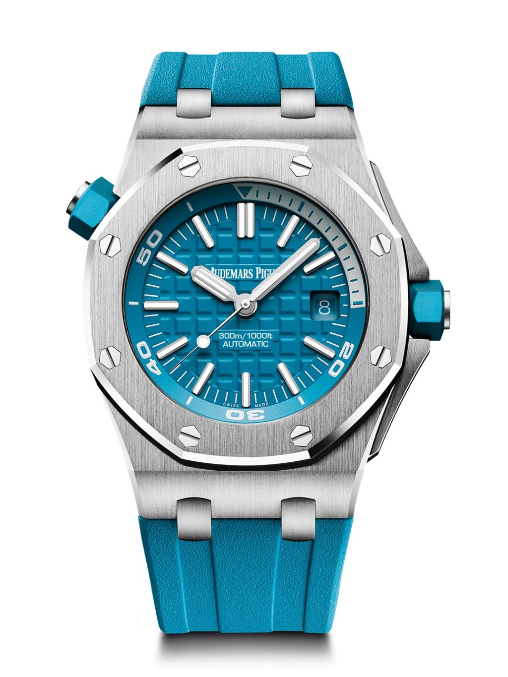 Audemars Piguet. This Royal Oak Offshore novelty in a stunning turquoise colour stands out with its Méga Tapisserie patterned dial and white gold applied hour markers. It is water resistant up to 300 metres, HKD$156,000 Audemars Piguet. This Royal Oak Offshore novelty in a stunning turquoise colour stands out with its Méga Tapisserie patterned dial and white gold applied hour markers. It is water resistant up to 300 metres, HKD$156,000