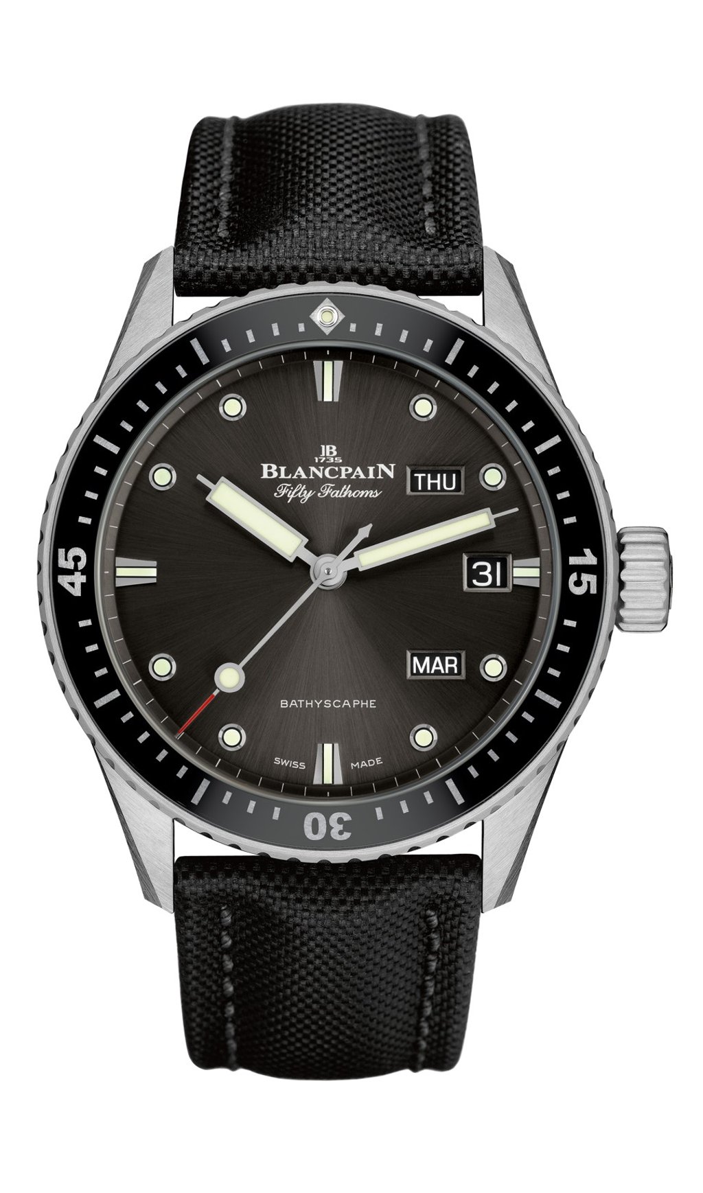Blancpain. The Bathyscaphe Quantième Annuel from the Fifty Fathoms collection features an annual calendar and clear readability. It is water resistant up to 300 metres, HK$210,000 Blancpain. The Bathyscaphe Quantième Annuel from the Fifty Fathoms collection features an annual calendar and clear readability. It is water resistant up to 300 metres, HK$210,000
