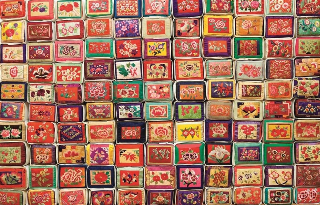 Embroidered pillow ends on view at the Dugahun Gallery. Photo: Gallery Hyundai