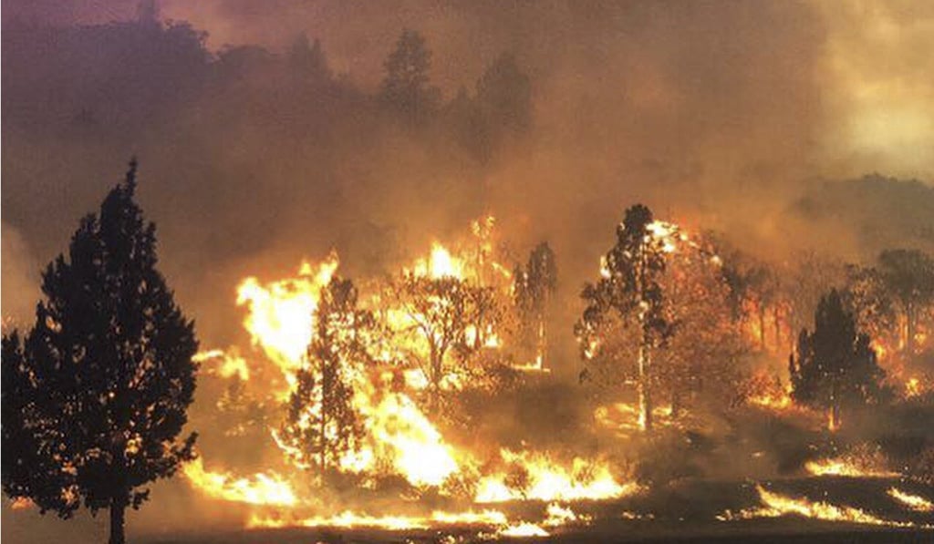 The Klamathon Fire burns in Hornbrook, California, on Friday. Photo: California Highway Patrol via AP