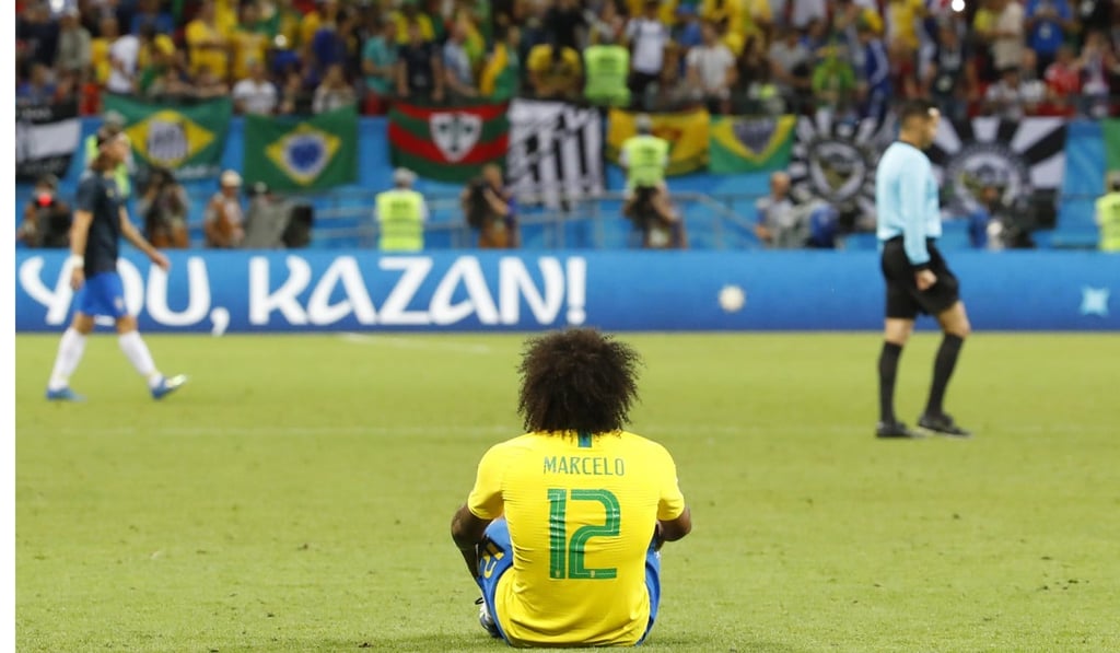 Brazil’s Marcelo reacts after the quarter-final loss to Belgium. Photo: EPA