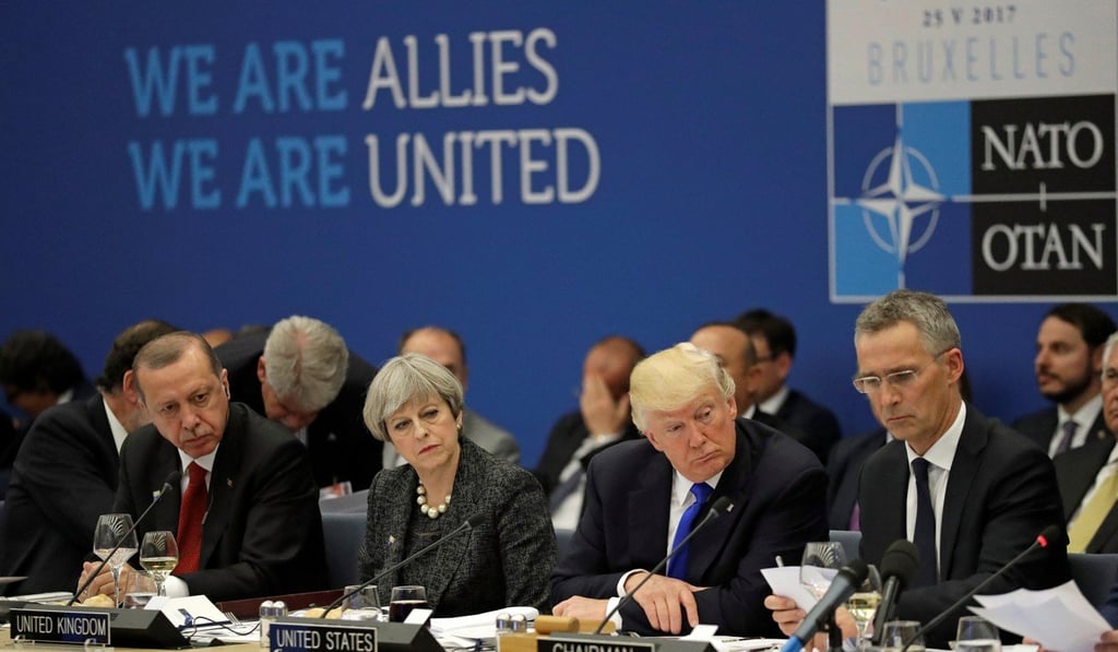 From left: Turkish President Recep Tayyip Erdogan, Britains’s Prime Minister Theresa May, US President Donald Trump and Nato Secretary General Jens Stoltenberg at Nato headquarters in May 2017. Photo: Reuters