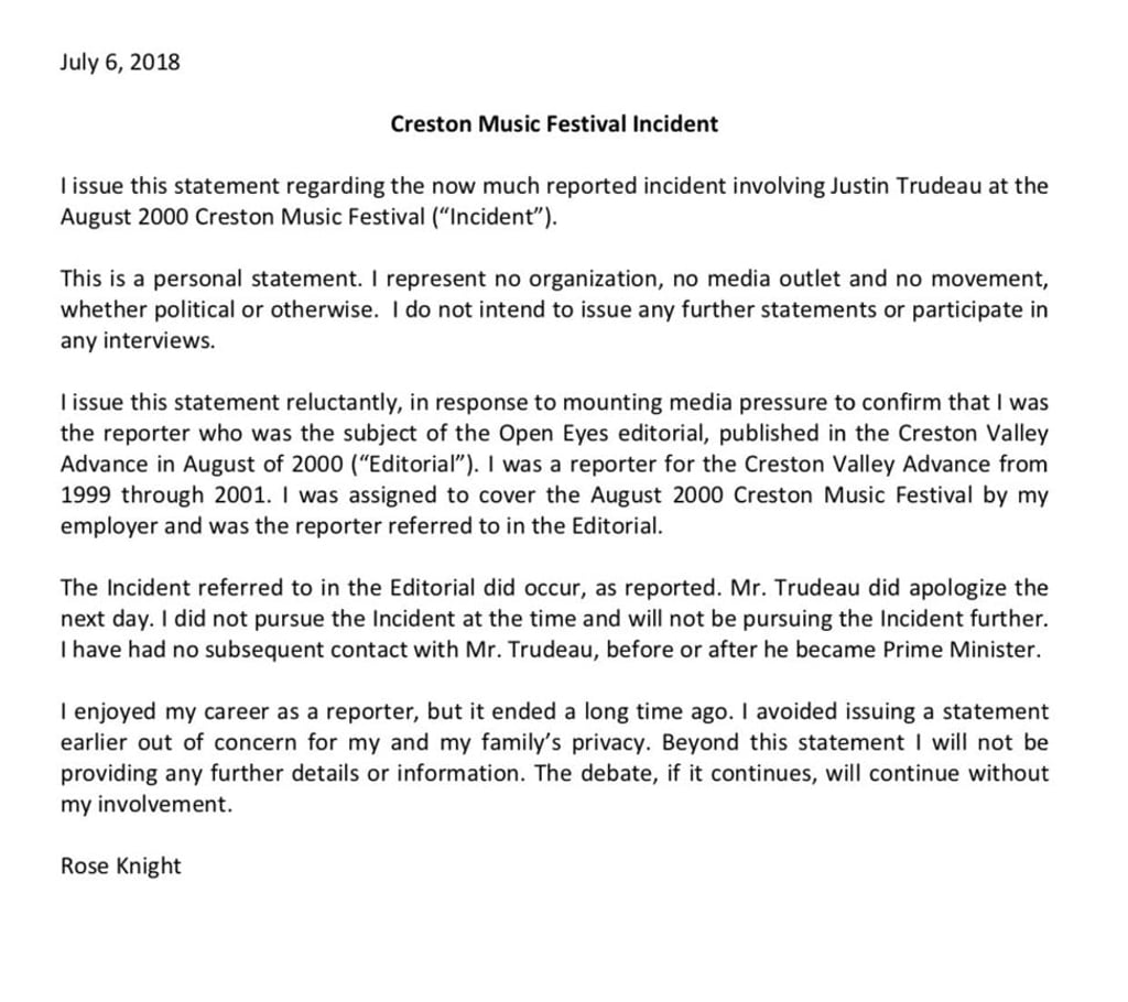 This statement was released by Rose Knight on July 6 in regard to claims that she was groped by Canadian Prime Minister Justin Trudeau. Image: Rose Knight