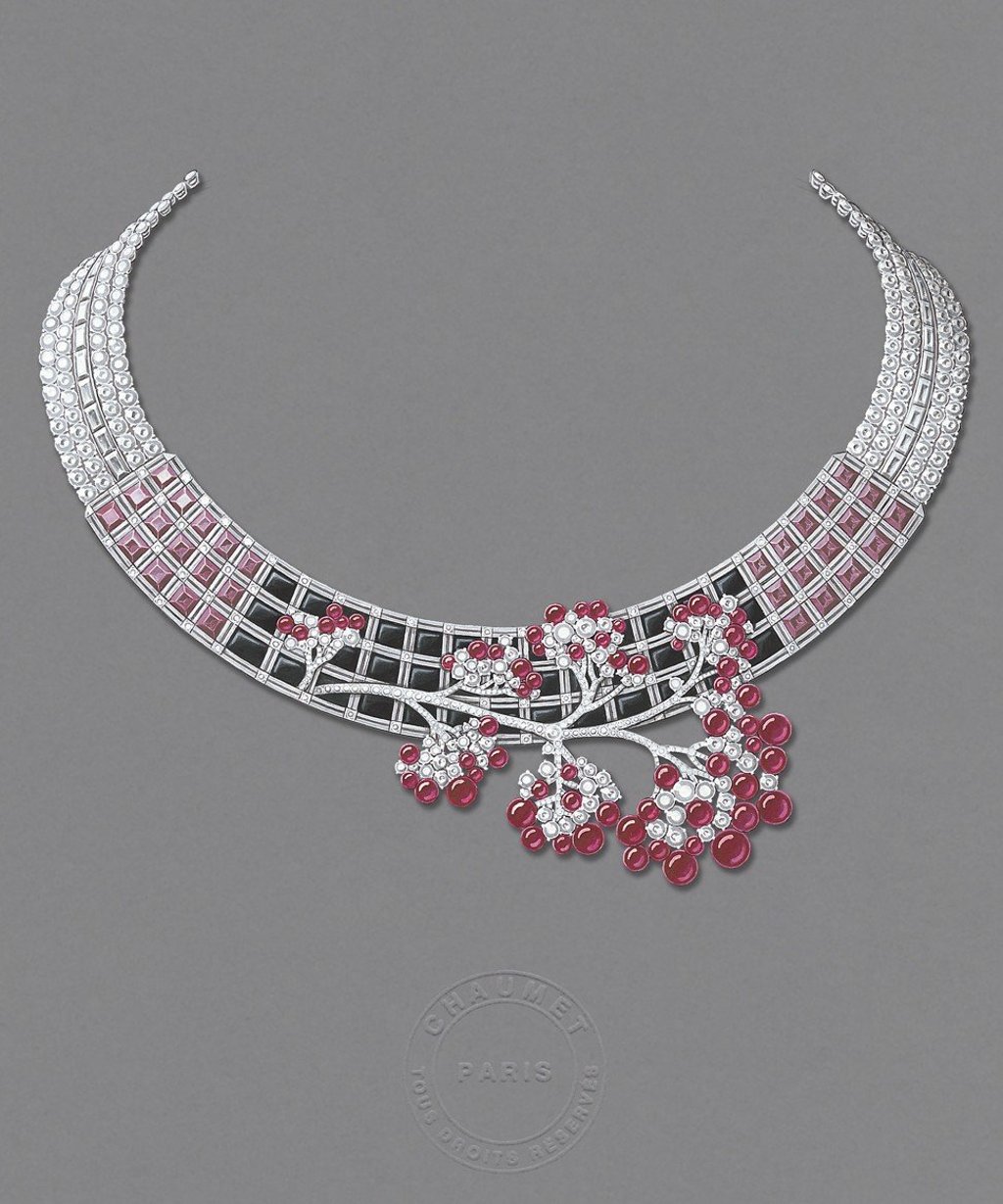Many of Chaumet’s pieces on show, such as this stunning cherry blossom necklace, were inspired by Japanese themes and aesthetics.