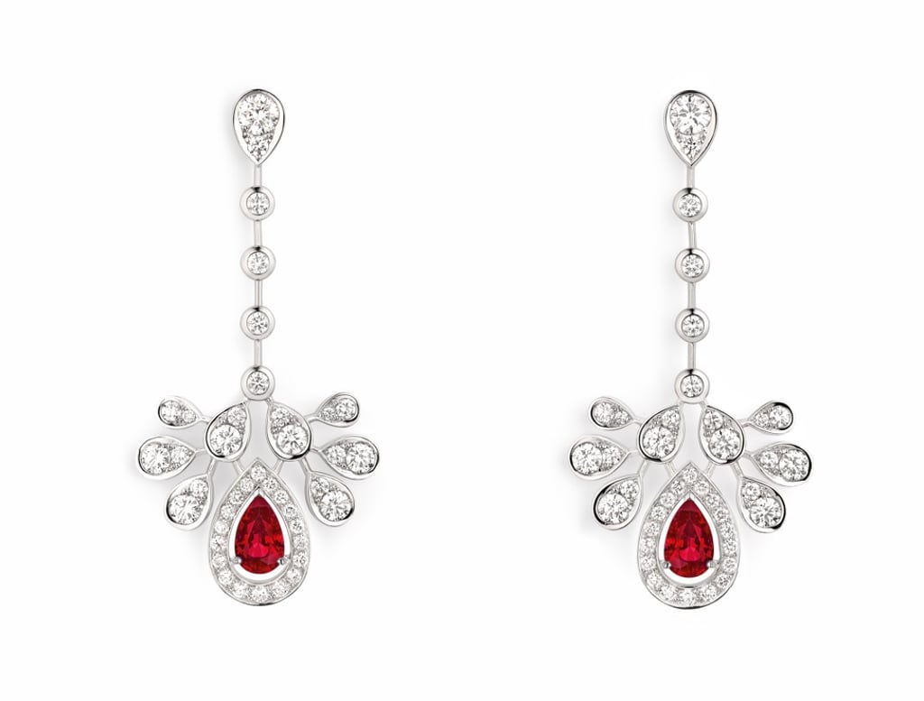 Chaumet. In white gold and set with diamonds, the Joséphine Aigrette Impériale earrings feature two pear-shaped Pigeon’s Blood rubies weighing 1.68ct and 1.58ct from Mozambique. Price on request Chaumet. In white gold and set with diamonds, the Joséphine Aigrette Impériale earrings feature two pear-shaped Pigeon’s Blood rubies weighing 1.68ct and 1.58ct from Mozambique. Price on request