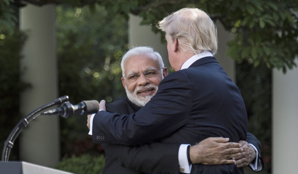 Indian Prime Minister Narendra Modi and US President Donald Trump hug at the White House Rose Garden in Washington. Photo: Washington Post