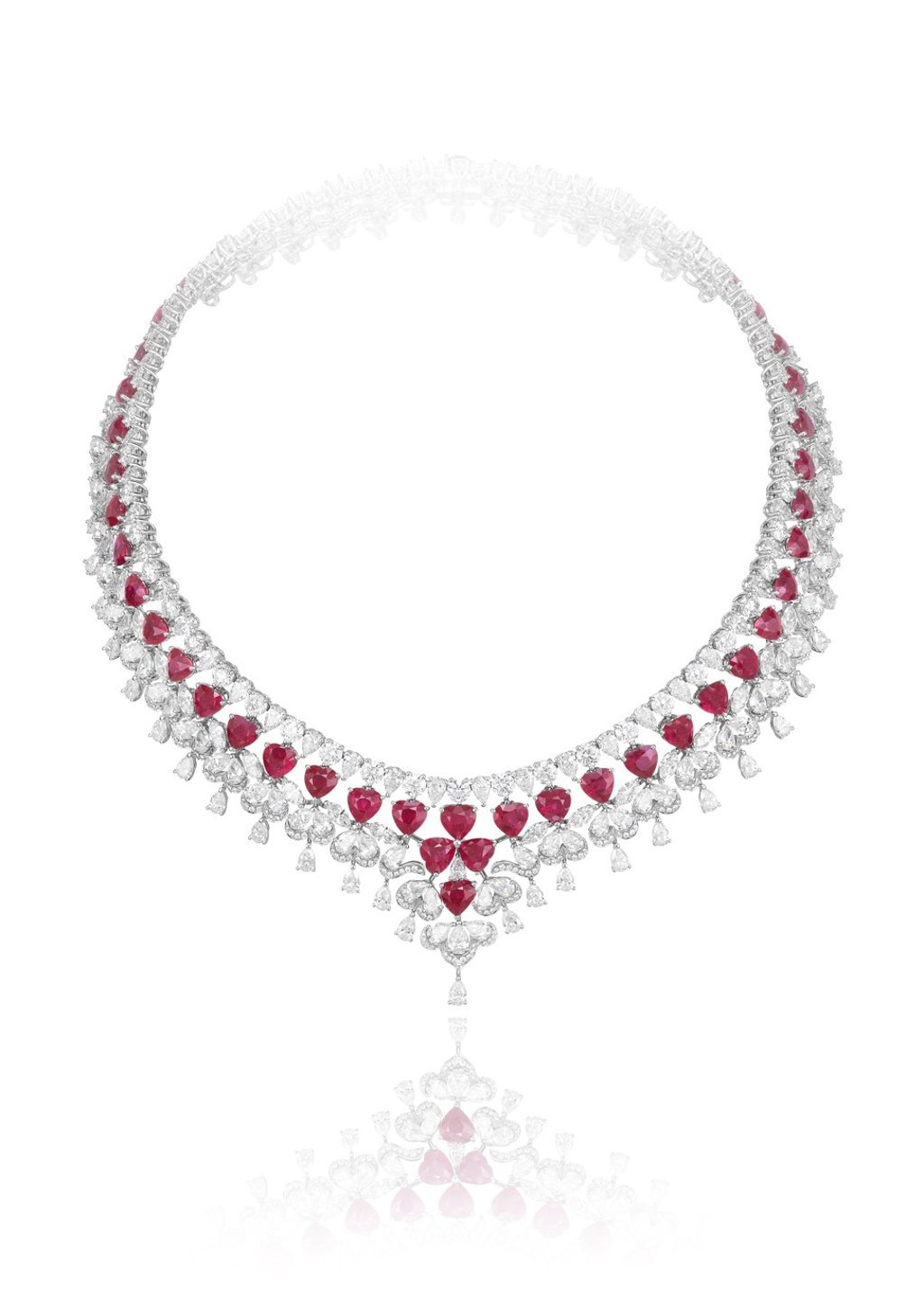 Chopard. Set in white gold, the necklace features 59ct of heart-shaped rubies, 39.6ct od pear-shaped diamonds, 15.6ct of brilliant-cut diamonds and 10.8ct of marquise-cut diamonds. Price on request Chopard. Set in white gold, the necklace features 59ct of heart-shaped rubies, 39.6ct od pear-shaped diamonds, 15.6ct of brilliant-cut diamonds and 10.8ct of marquise-cut diamonds. Price on request