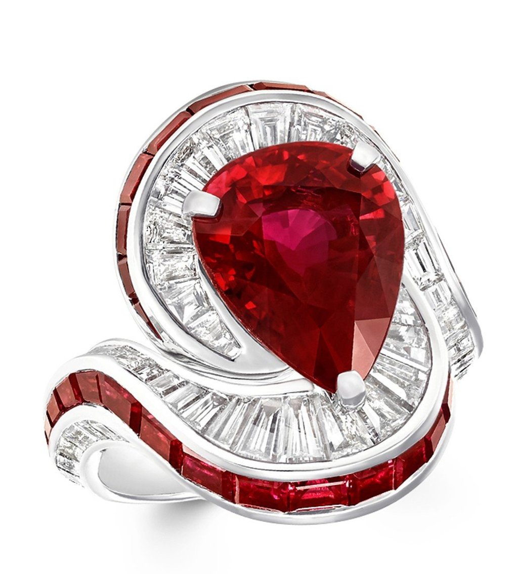 Graff. The 6.05ct pear-shaped ruby ring with graceful curved lines features a total of 8.33ct of rubies and 4.82ct of diamonds. Prince on request Graff. The 6.05ct pear-shaped ruby ring with graceful curved lines features a total of 8.33ct of rubies and 4.82ct of diamonds. Prince on request