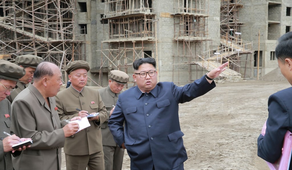North Korean leader Kim Jong-un (centre) visits a construction site in Samjiyon county. Photo: KCNA North Korean leader Kim Jong-un (centre) visits a construction site in Samjiyon county. Photo: KCNA