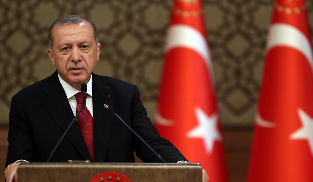 Turkish President Recep Tayyip Erdogan speaks during his press conference at the Presidential Palace after taking his Oath of office in Ankara on Monday. Photo: EPA Turkish President Recep Tayyip Erdogan speaks during his press conference at the Presidential Palace after taking his Oath of office in Ankara on Monday. Photo: EPA