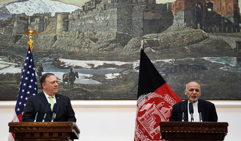 US Secretary of State Mike Pompeo and Afghan President Ashraf Ghani during a press conference on Monday at the presidential palace in Kabul, Afghanistan. Photo: AFP