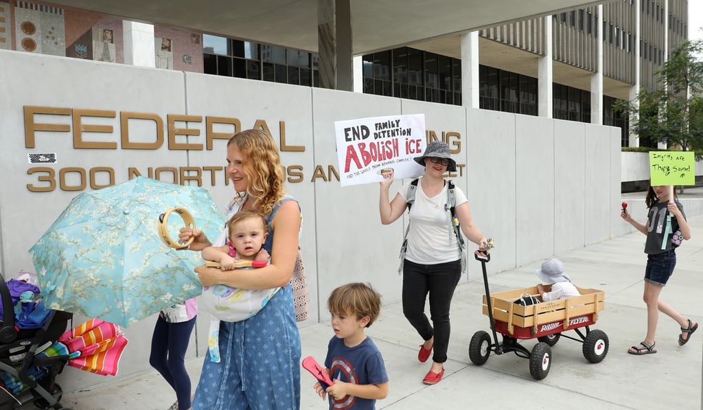 Parents and their children demonstrating against immigrant family separations outside the US Federal Building in Los Angeles on Monday. Photo: EPA-EFE Parents and their children demonstrating against immigrant family separations outside the US Federal Building in Los Angeles on Monday. Photo: EPA-EFE