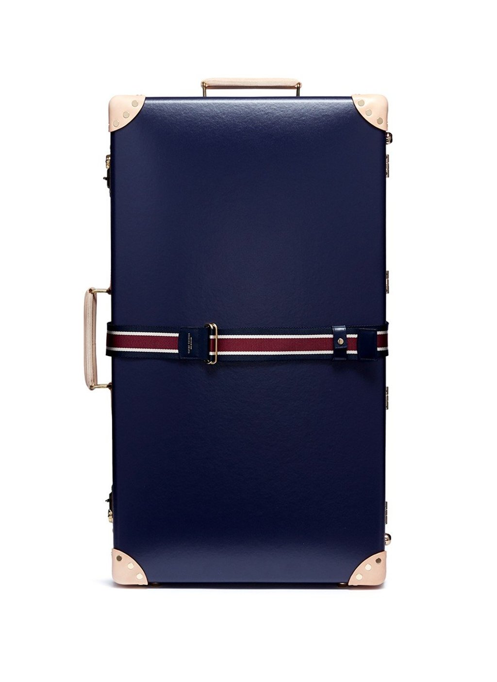 Globe-Trotter. This handmade Centenary 30 inches extra deep suitcase is adorned with a red webbing belt. The suitcase has leather handles, straps and corner guards, HK$18,500