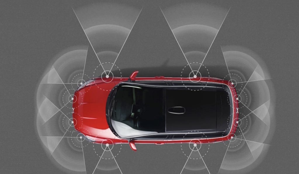 An illustration of a Xiaopeng self-driving car, showing 20 sensors and 360-degree perception. Photo: Xpeng