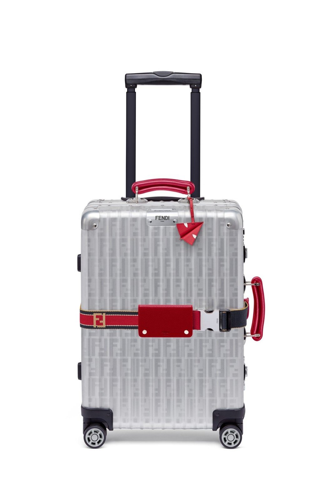 Fendi x RIMOWA. This carry-on case features the signature double “F” logo with a brushed effect on the aluminium. The luggage belt comes in a range of colours, and there are Cuoio Romano leather handles on the top and side, HK$19,800