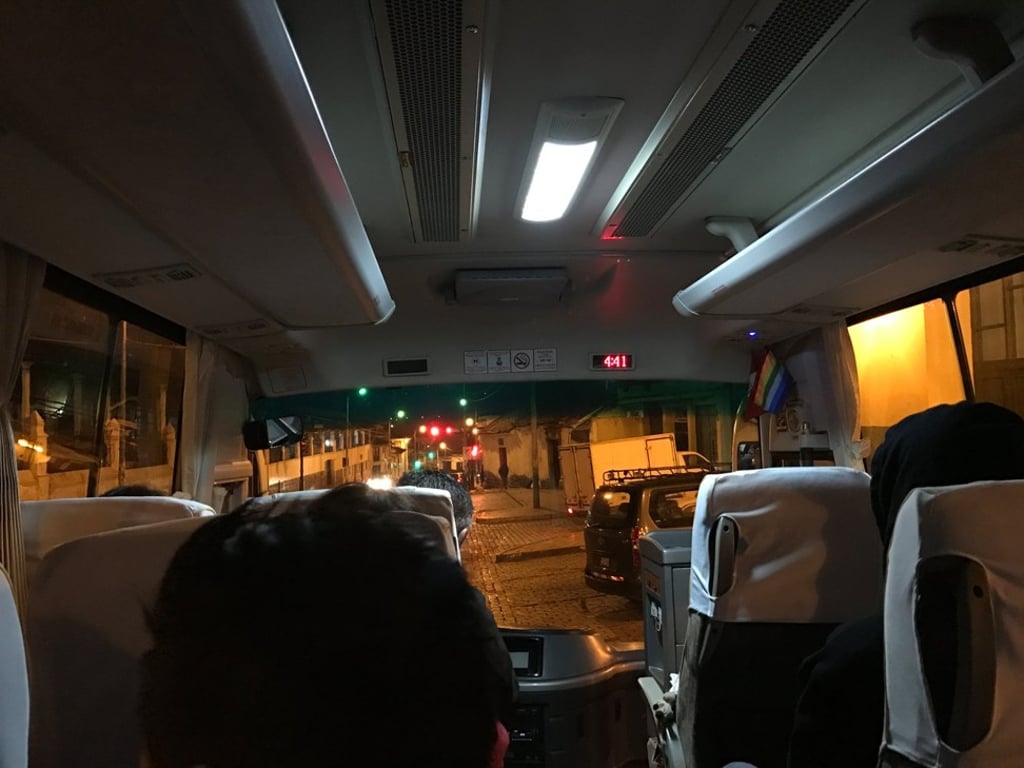 The trip to Machu Picchu starts very early – notice that the clock at the front of the bus says 4:41am.