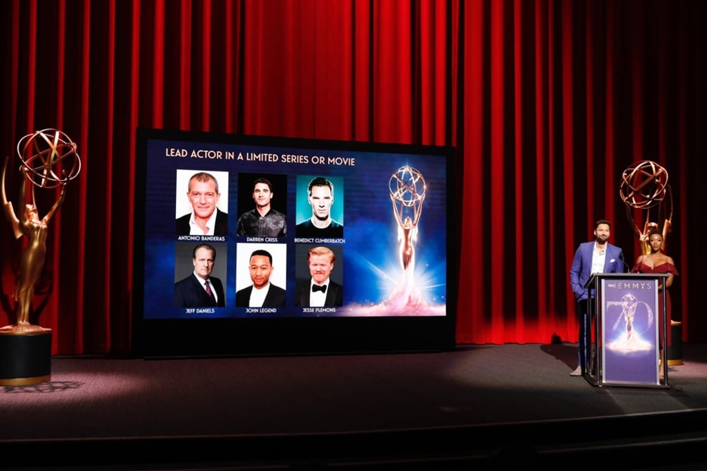 The nominations for lead actor in a limited series or film are revealed, ahead of September’s Primetime Emmy Awards, by actor Ryan Eggold (second right) and actress Samira Wiley at a ceremony on July 12. Photo: Los Angeles Times/TNS