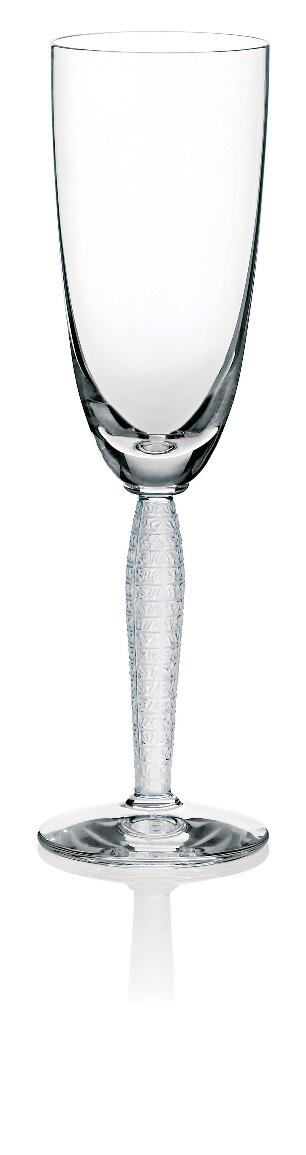 Lalique. The Louvre Champagne flute have a satin finish crystal stem which is adorned with delicately etched Egyptian hieroglyphs reflective of the masterpieces on display at the Louvre Museum in Paris. Price on request