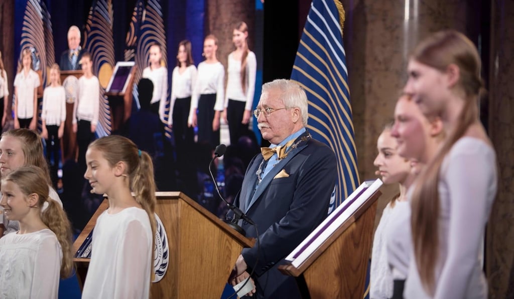 The first head of nation of the proposed new state Asgardia, Russian scientist and businessman Igor Ashurbeyli (centre) gives a speech during a lavish ceremony in Vienna’s Hofburg Palace on June 25, 2018. According to Ashurbeyli, Asgardia's citizens now number some 200,000 people from across the world, drawn by a vision of ‘space politics’ instead of geopolitics. Photo: AFP
