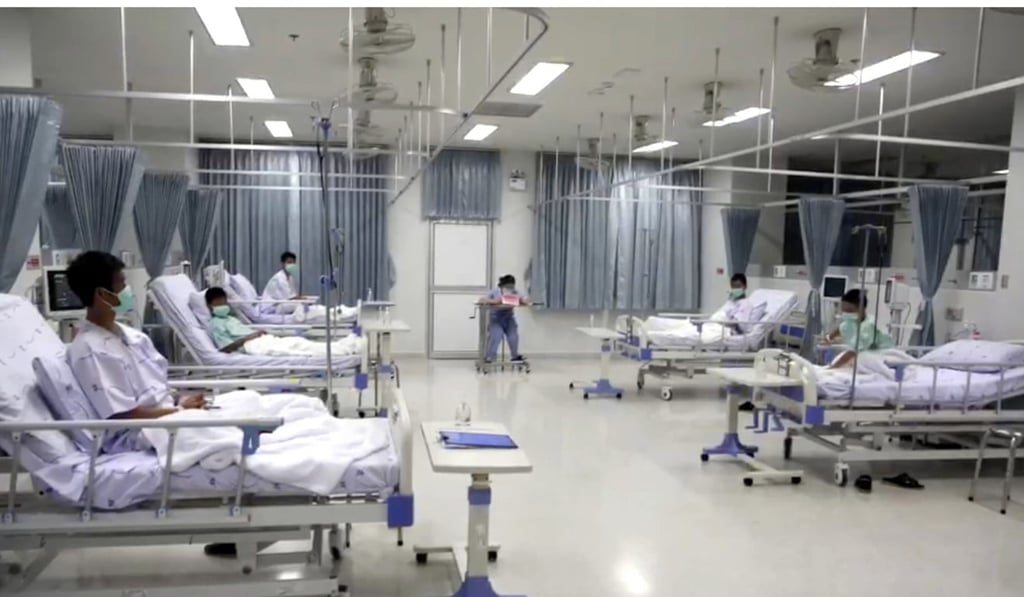 Some of the 12 boys rescued from the flooded cave in their hospital room at Chiang Rai Prachanukroh Hospital in Chiang Rai. Photo: AP
