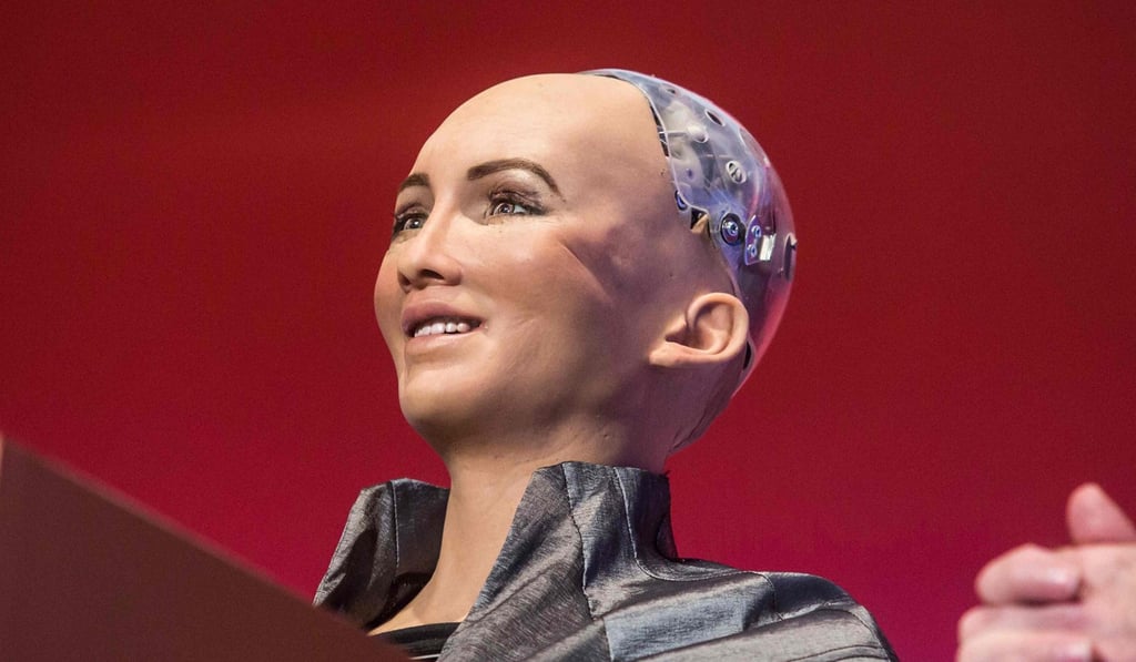 'Sophia the Robot' of Hanson Robotics reacts during a discussion on Tuesday. Photo: AFP