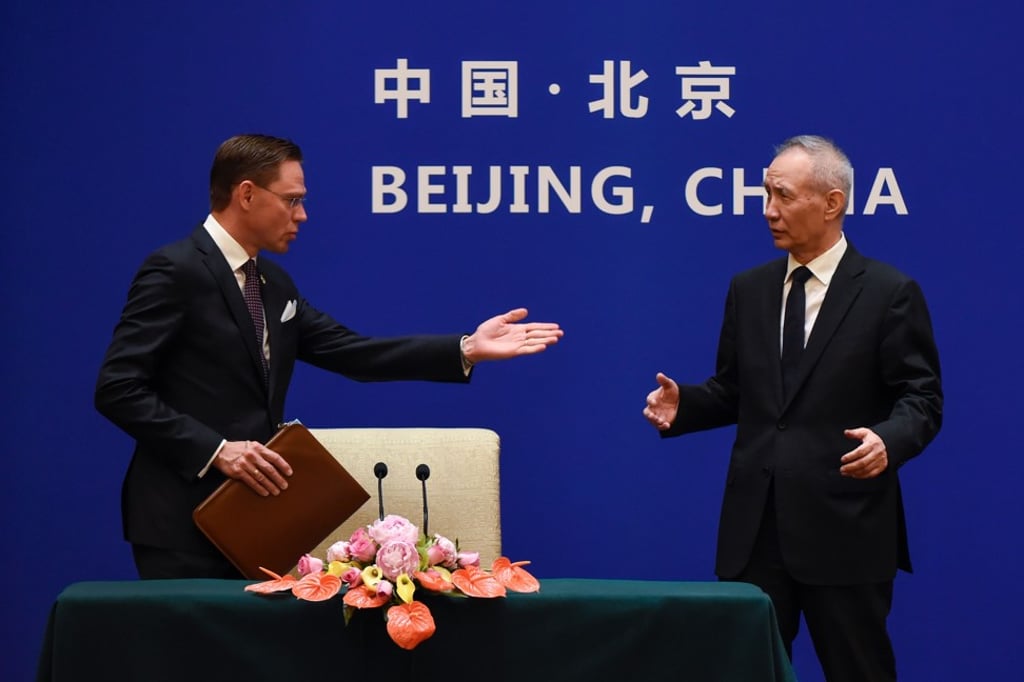 European Commission Vice-President Jyrki Katainen and Chinese Vice-Premier Liu He agreed to set up a WTO working group. Photo: AFP PHOTO European Commission Vice-President Jyrki Katainen and Chinese Vice-Premier Liu He agreed to set up a WTO working group. Photo: AFP PHOTO
