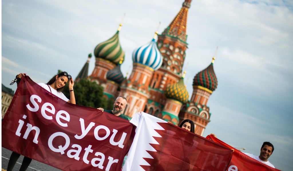 A group of people display a banner at the end of the 2018 World Cup. Photo: AFP A group of people display a banner at the end of the 2018 World Cup. Photo: AFP