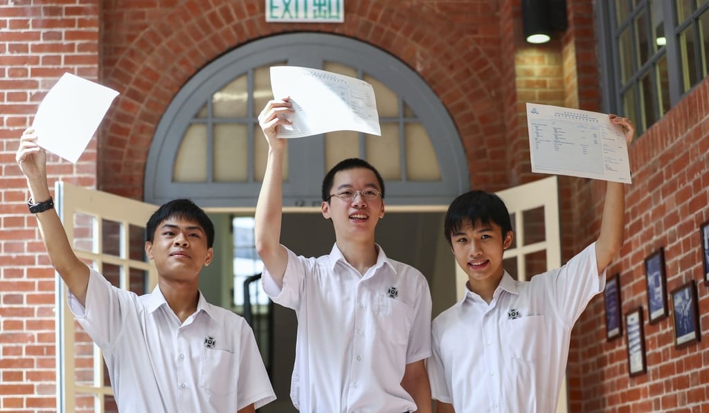 Three students from St Paul’s College with their exam results. Photo: Nora Tam/SCMP