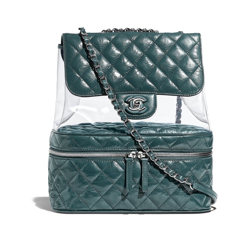 Chanel. This turquoise quilted leather and transparent PVC backpack features resin and silver-tone metal, HK $27,200 Chanel. This turquoise quilted leather and transparent PVC backpack features resin and silver-tone metal, HK $27,200