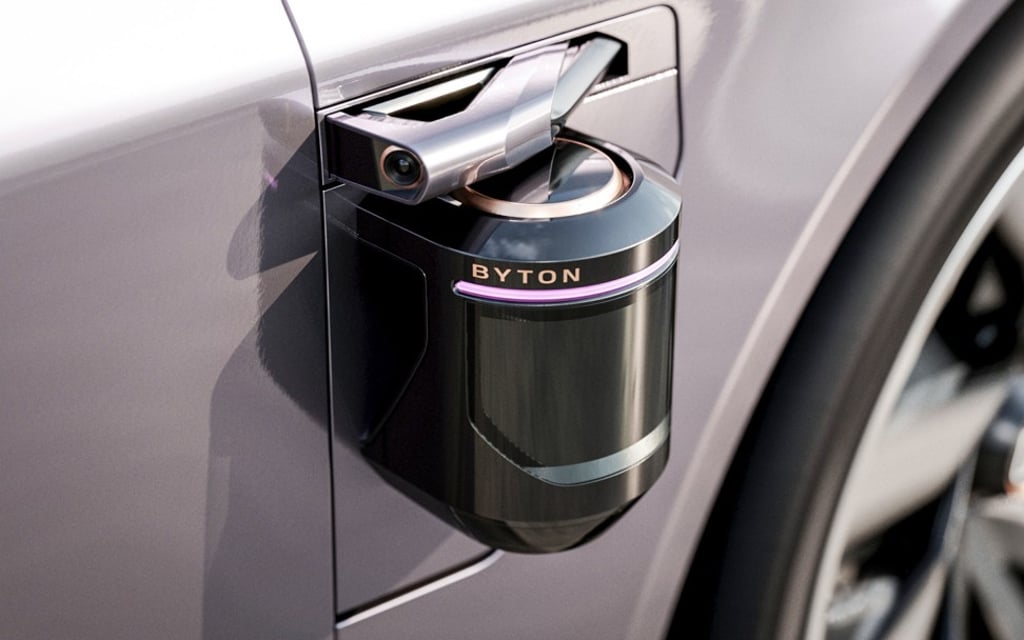 BYTON's retractable LiGuards side lidar system is located below the side-view cameras. Photo: PRNewsfoto/BYTON