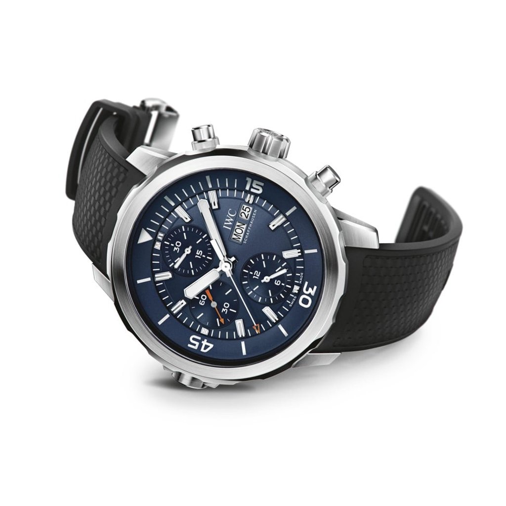 The Aquatimer Chronograph Edition ‘Expedition Jacques-Yves Cousteau’ in steel with a black rubber strap. Proceeds from sales of this watch go to the restoration of the Calypso, the Cousteau Society’s own research vessel.