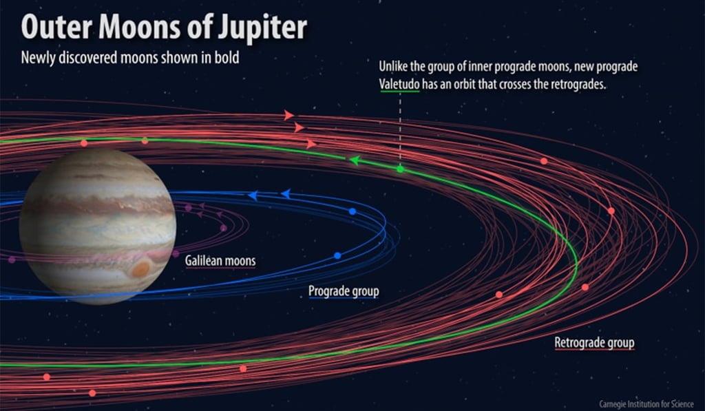 Various groupings of Jovian moons with the newly discovered ones shown in bold. The “oddball” called Valetudo after the Roman god Jupiter's great-granddaughter, has a prograde orbit that crosses the retrograde orbits. Artwork: Roberto Molar-Candanosa/Carnegie Institution for Science Various groupings of Jovian moons with the newly discovered ones shown in bold. The “oddball” called Valetudo after the Roman god Jupiter's great-granddaughter, has a prograde orbit that crosses the retrograde orbits. Artwork: Roberto Molar-Candanosa/Carnegie Institution for Science