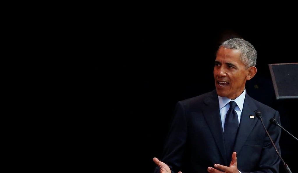 Former US president Barack Obama speaks during the 2018 Nelson Mandela Annual Lecture at the Wanderers cricket stadium in Johannesburg on Tuesday. Photo: Reuters