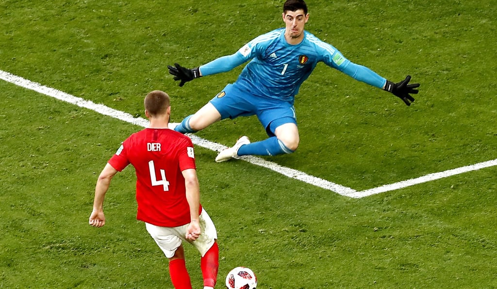 Thibaut Courtois saves from England’s Eric Dier. Photo: EPA Thibaut Courtois saves from England’s Eric Dier. Photo: EPA