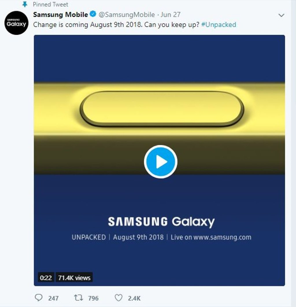 An invitation about the launch of the Note 9 was posted on Samsung Mobile's Twitter page, showing a gold/yellow S-Pen button.