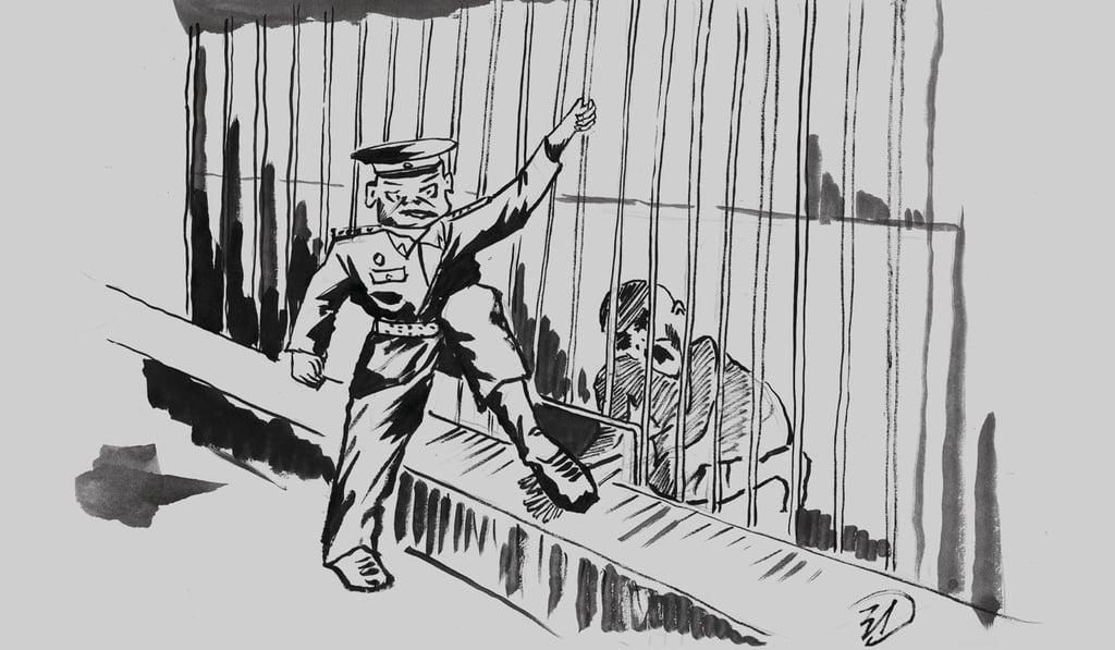 Artwork by a former North Korean detainee depicts a prison guard stamping on the hands of a prisoner. Photo: Handout