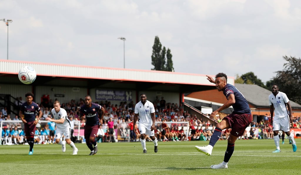Arsenal’s Pierre-Emerick Aubameyang scores a penalty in a preseason game at Borehamwood. Photo: Reuters
