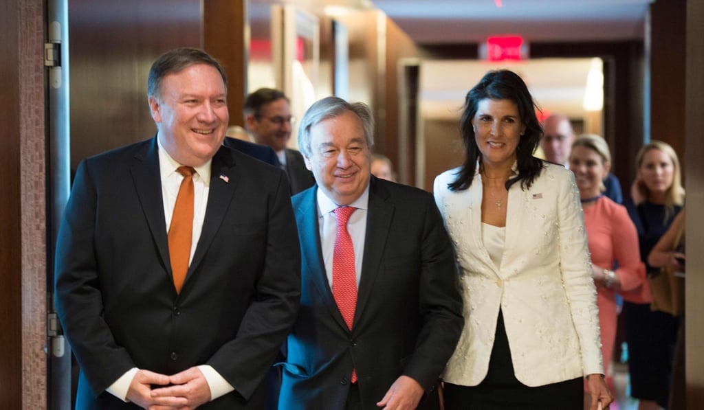 US Secretary of State Mike Pompeo, UN Secretary-General Antonio Guterres and US Ambassador to the UN in New York on Friday. Photo: AFP