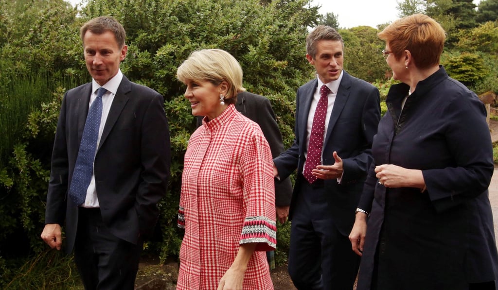From left: Britain’s Foreign Secretary Jeremy Hunt, Australia’s Foreign Minister Julie Bishop, UK Defence Secretary Gavin Williamson and Australia’s Defence Minister Marise Payne at the Royal Botanic Garden in Edinburgh, Scotland July 20, 2018. Photo: Reuters
