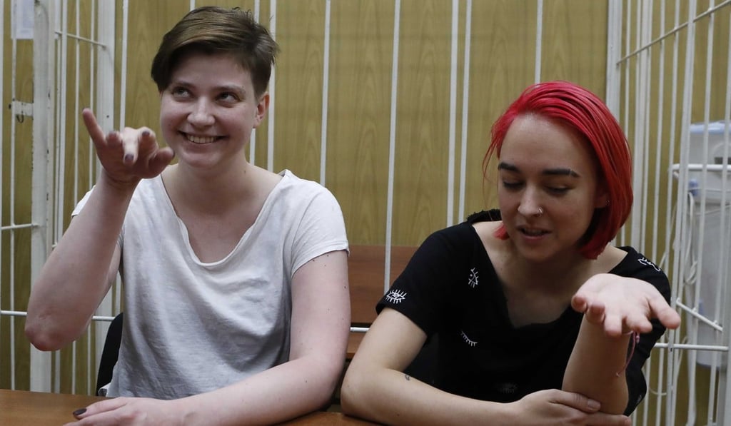 Two of four intruders affiliated to anti-Kremlin punk band Pussy Riot, Olga Pakhtusova (left) and Olga Kurachyova, who ran onto the pitch during the World Cup final between France and Croatia, attend a court hearing in Moscow. Photo: Reuters