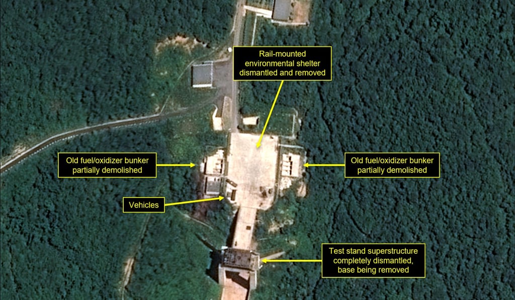 A satellite image courtesy Airbus Defence and Space and 38 North shows the apparent dismantling of facilities at the Sohae satellite launching station, in North Korea. Photo: Agence France-Presse / Pléiades © Cnes 2018, Distribution Airbus DS