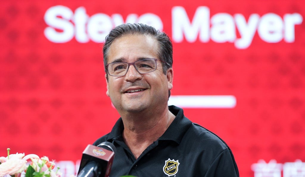 Steve Mayer, NHL chief content officer and executive vice-president, speaks to media during a press conference before the pre-season game between the Boston Bruins and the Calgary Flames at the Universiade Sports Centre on July 23, 2018 in Shenzhen, China. Photo: Zhong Zhi/NHLI via Getty Images