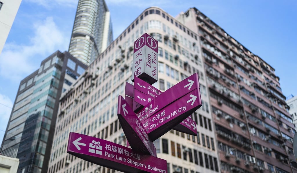 An old fingerpost sign that will be replaced under the pilot pedestrian system in Tsim Sha Tsui. Photo: Winson Wong