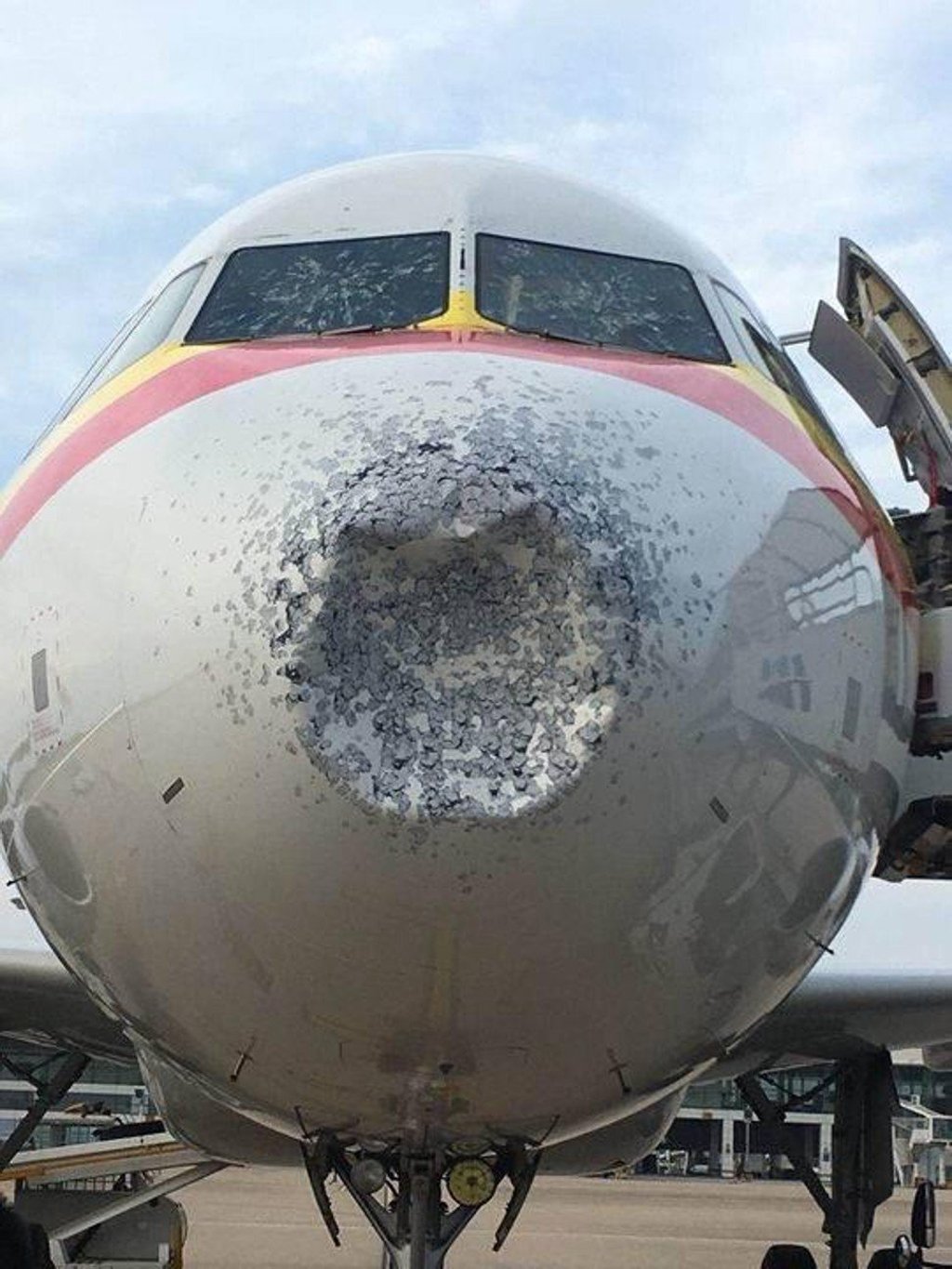 The nose of the plane was badly damaged. Photo: Weibo The nose of the plane was badly damaged. Photo: Weibo