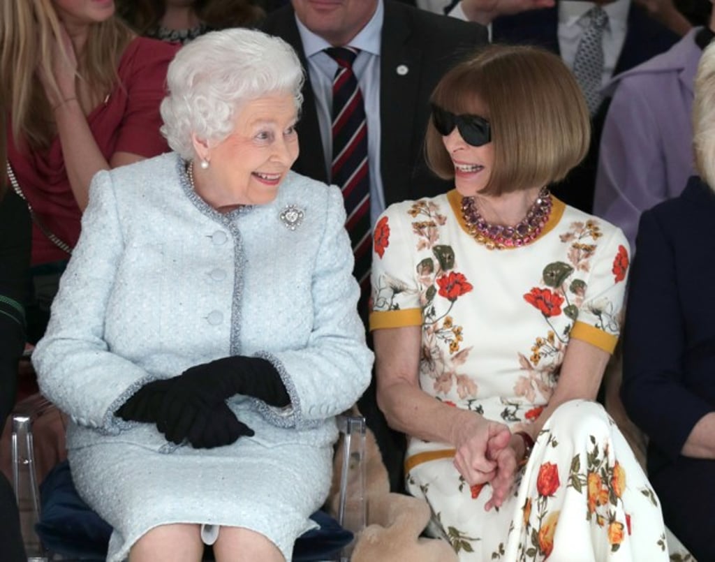 Queen Elizabeth and Anna Wintour viewing Quinn’s runway show at London Fashion Week in February. Photo: AFP