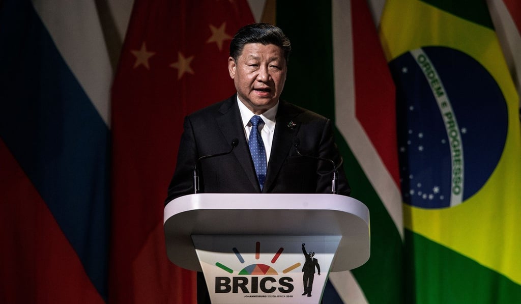 China's President Xi Jinping speaking to delegates BRICS forum on Wednesday in Johannesburg, South Africa. BRICS is an association of five major emerging national economies: Brazil, Russia, India, China and South Africa. Photo: AFP China's President Xi Jinping speaking to delegates BRICS forum on Wednesday in Johannesburg, South Africa. BRICS is an association of five major emerging national economies: Brazil, Russia, India, China and South Africa. Photo: AFP