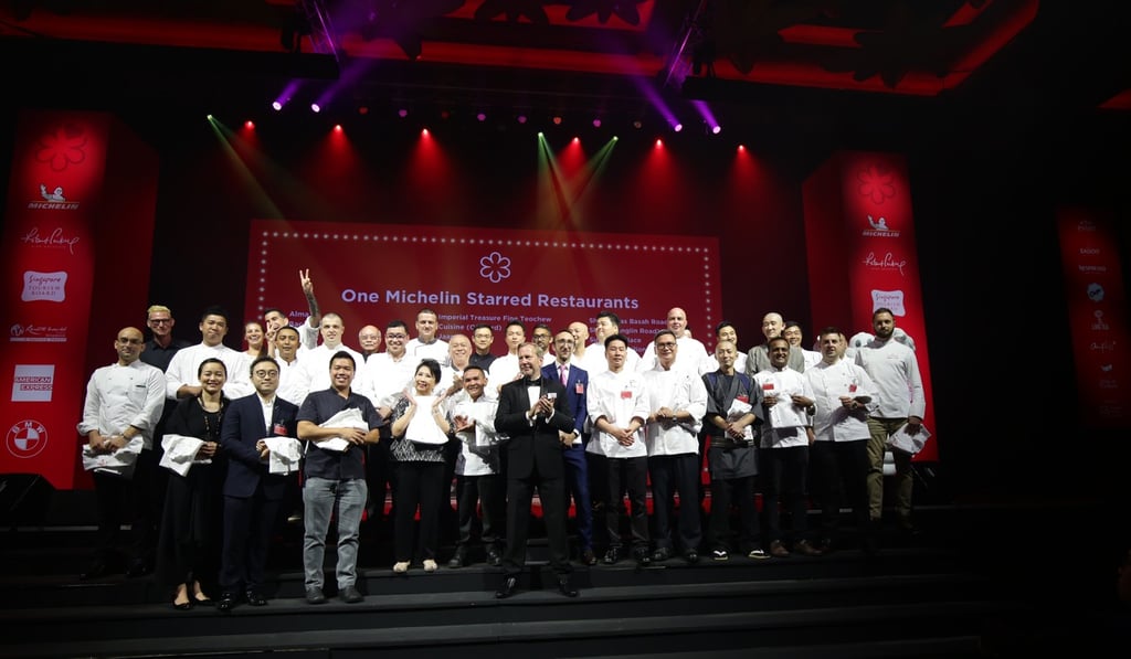 Chefs whose Singapore restaurants were awarded a star in the Michelin Guide Singapore 2018 on stage at a ceremony on Wednesday at Resorts World Sentosa, Singapore. Photo: courtesy of Michelin Guides